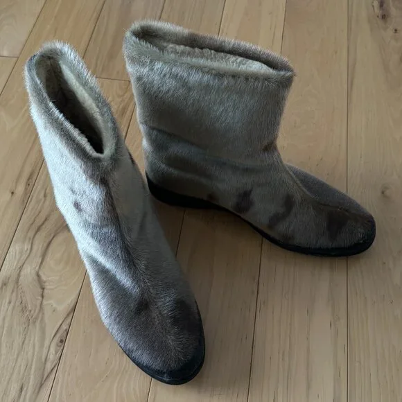 Vintage Sealskin Genuine Fur Winter Boots Mid Calf Spotted Seal - Picture 1 of 6